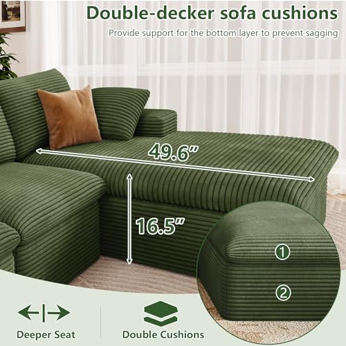 Image of 136 inch Cloud Couch Modular Sectional Sofa for Living Room, L-Shape Boneless Couch with Deep Seat, Modern Corduroy 4-Seater, No Assembly Required (Green,Right-Facing Chaise)