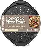 Bakken Pizza Baking Pan - Round Perforated Carbon Steel Pan with Non-Stick Marble Coating, Oversized Silicone Handle, Dishwasher Safe, High-Temperature Resistant, Durable & Easy Cleanup Gray