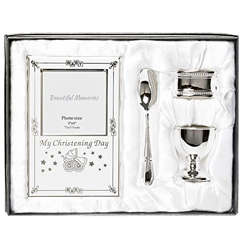 Coffret cadeau de baptême plaqué argent 4 pièces comprenant un coquetier à œuf, une cuillère, un cadre photo de bébé, un anneau de serviette, une boîte cadeau