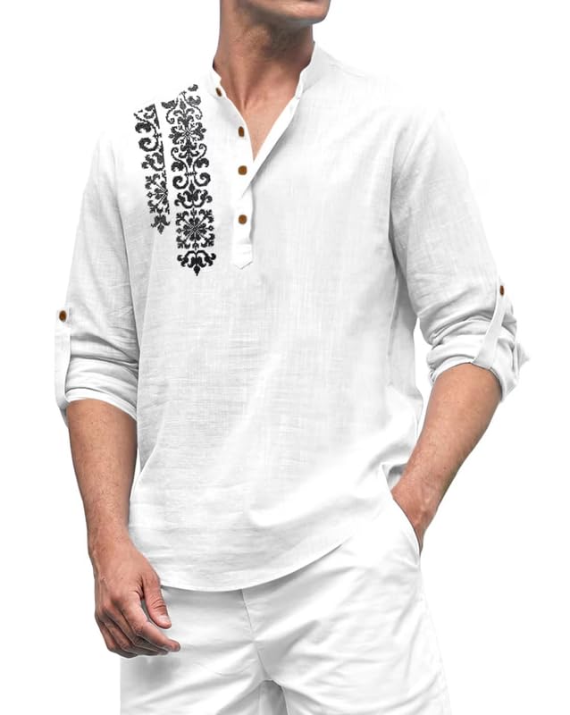 Image of FINIVO FASHION Men's Cotton Blend Short Kurta Shirt | Casual Ethnic Wear with Roll-Up Sleeves & Mandarin Collar | Comfortable Fit Tunic for Festive, & Summer Outings