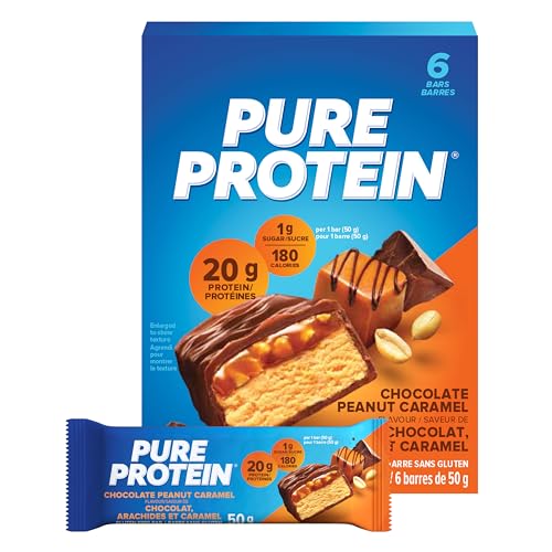 Pure Protein Bars - Nutritious  Gluten Free bar  made with Whey protein blend - low sugar  protein snack. Deliciously satisfying. Made in Canada  Chocolate Peanut Caramel (Pack of 6)