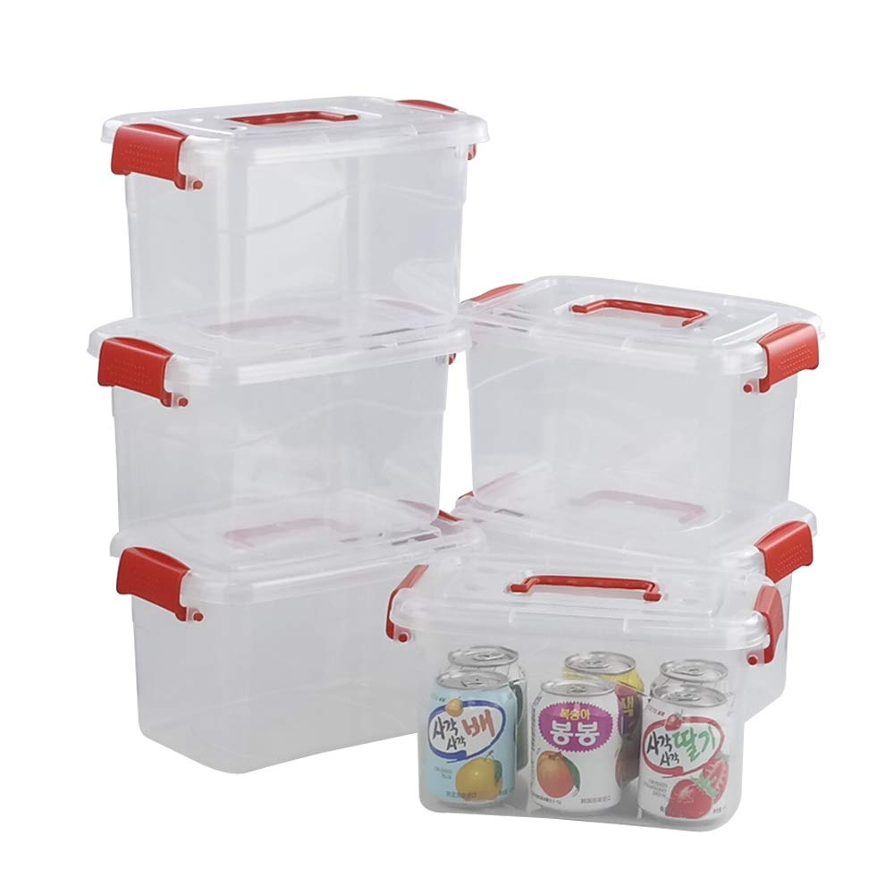Doryh 5 L Plastic Storage Bin with Lid, Clear Transparent Box With Red Handles Set of 6