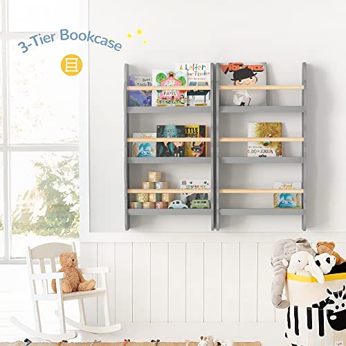 Curipeer Kids Bookshelf, 3-Tier Kids Wall Mounted Bookshelf Organizer For Kids, Wave Display Bookshelf And Bookcase, Open Book Shelf In Nursery, Bedroom, Baby's Room, Gray #TOP1