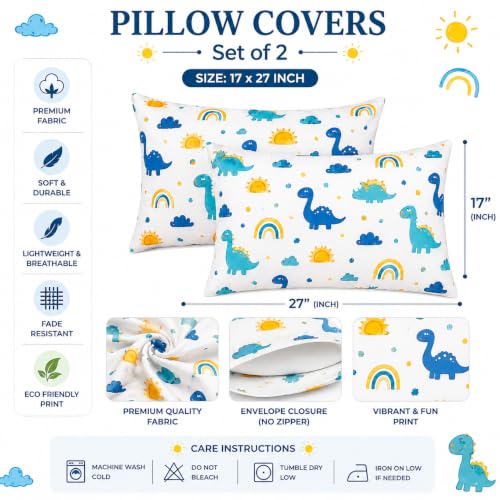 Image of Microfiber Pillow Cover 17x27 Inch (Pack of 2) | Soft & Durable | Ideal for Bed & Sofa Dino World