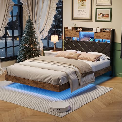 HYNHXBP Lit Suspendu 160x200cm, Cadre de lit en métal, Tête de lit avec Rangement, éclairage LED et Chargeur,Lattes métalliques, lit pour Jeunes (Type A, 160 x 200...