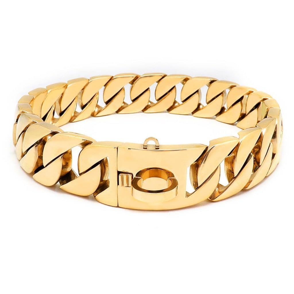 Goldfarbenes Hundehalsband, 32mm, Kubanisches Gliederhalsband mit Sicherer Schnappschnalle, 18 Karat Edelstahl, Für Alle Rassen, Mittelgroße Und Große Hunde(Gold,45cm)