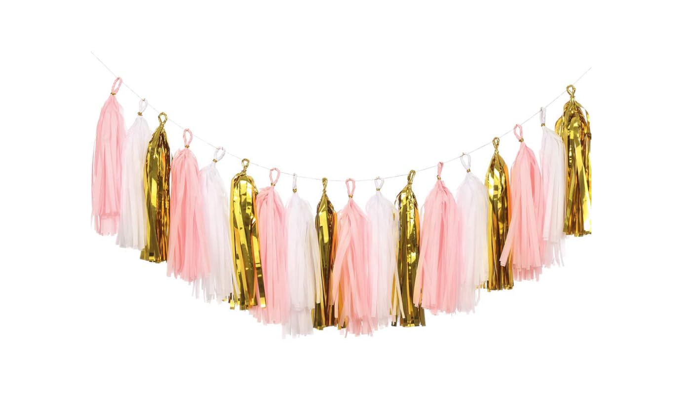 Pom Pom Style Tissue Paper Tassel Garland Birthday Party, Decoration, Anniversary, Valentine, Project Work Multi Purpose in Gold, Baby Pink & White Colour Pack of 15 Tassels 3 mtr Length Pack of 1