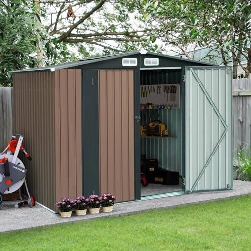 GRAVFORCE 8' x 6' Outdoor Metal Storage Shed, Outdoor Shed, Galvanized Steel Garden Shed with Single Lockable Door, Tool Storage Shed for Backyard, Lawn, Patio (8' x 6') Dark Grey