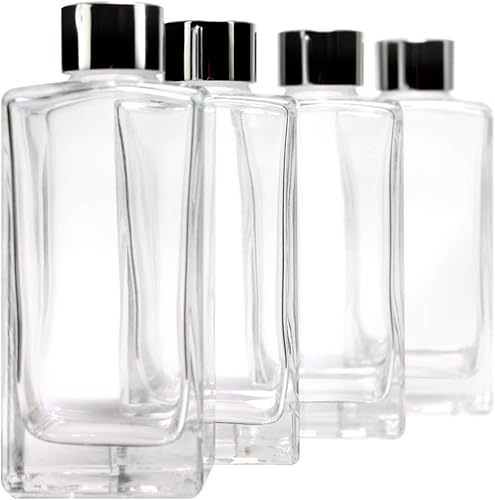 Miniatura 4 de Feel Fragrance Botellas difusoras de vidrio, frascos difusores, botellas de vidrio cuboides con tapas plateadas, juego de 4  5.5 pulgadas de alto,