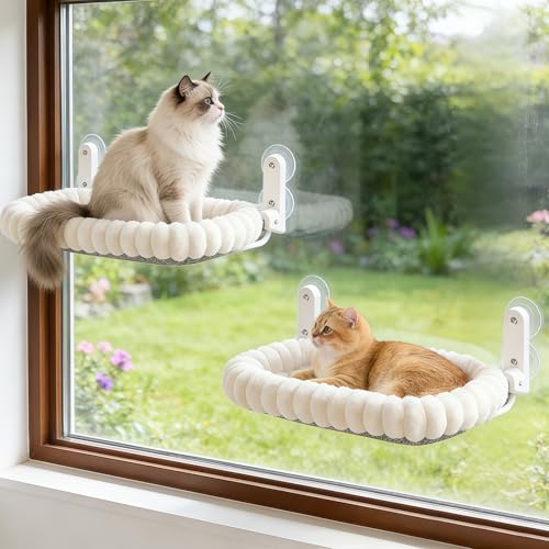 Image of Zoratoo 2PC Cat Window Perch with Bolster Foldable Cat Hammock Cushion Bed for Window with Metal Frame, Cloud-Cuddle Cordless Window Resting Seat for Indoor Cats (Cushion Bed, White-M)