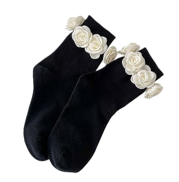 Women’s Delicate Floral Embroidery Cotton Mid-Calf Socks with 3D Flower at Ankle, two pairs
