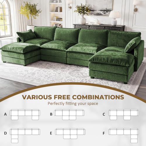 Image of 146 inch U-Shape Modular Sofa with 2 Ottomans, Deep Seat Cloud Convertible Sleeper, 2 Arm Pillows, Comfortable Large Upholstered Furniture for Living Room Apartment, Green