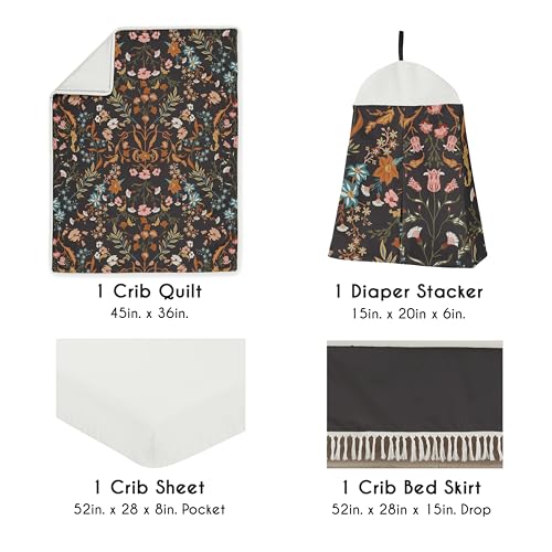 Image of Sweet Jojo Designs 4-Piece Baby Crib Bedding Set (Black Wildflower Vintage Floral) for Girls, Infants /Nursery incl. Blanket, Fitted Sheet, Skirt, Diaper Stacker (Boho, Paisley, Bohemian, Cottagecore)