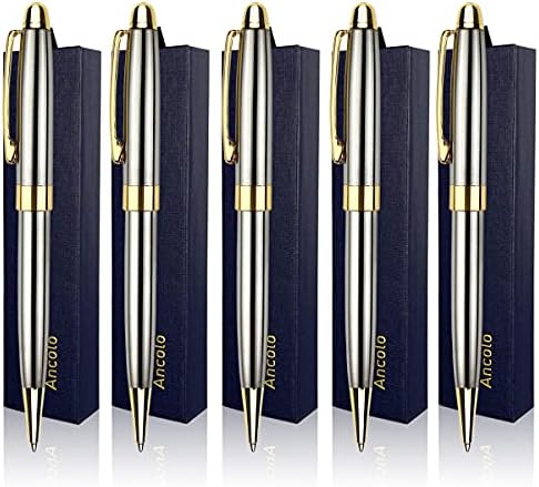 Ancolo Ballpoint Pens, Silver Chrome Metal Pens with Gold Trim, Gift Set for Men & Women, Professional, Executive, Office, Nice Pens-Gift Box with 0.5mm Black Extra Refill 5 Pcs/Set