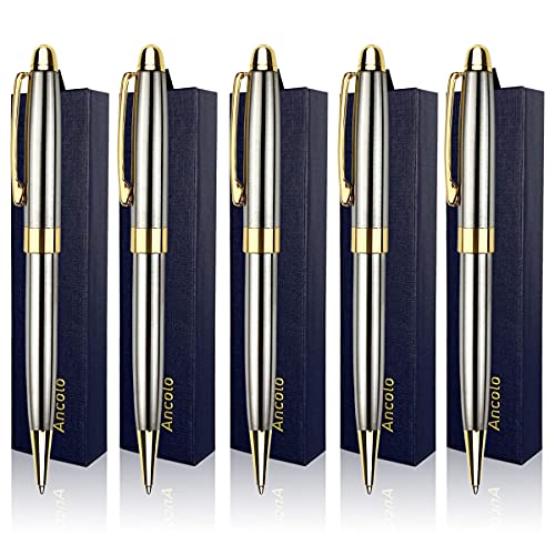 Ancolo Ballpoint Pens, Silver Chrome Metal Pens With Gold Trim, Gift Set For Men & Women, Professional, Executive, Office, Nice Pens-Gift Box With 0.5Mm Black Extra Refill 5 Pcs/Set #TOP3