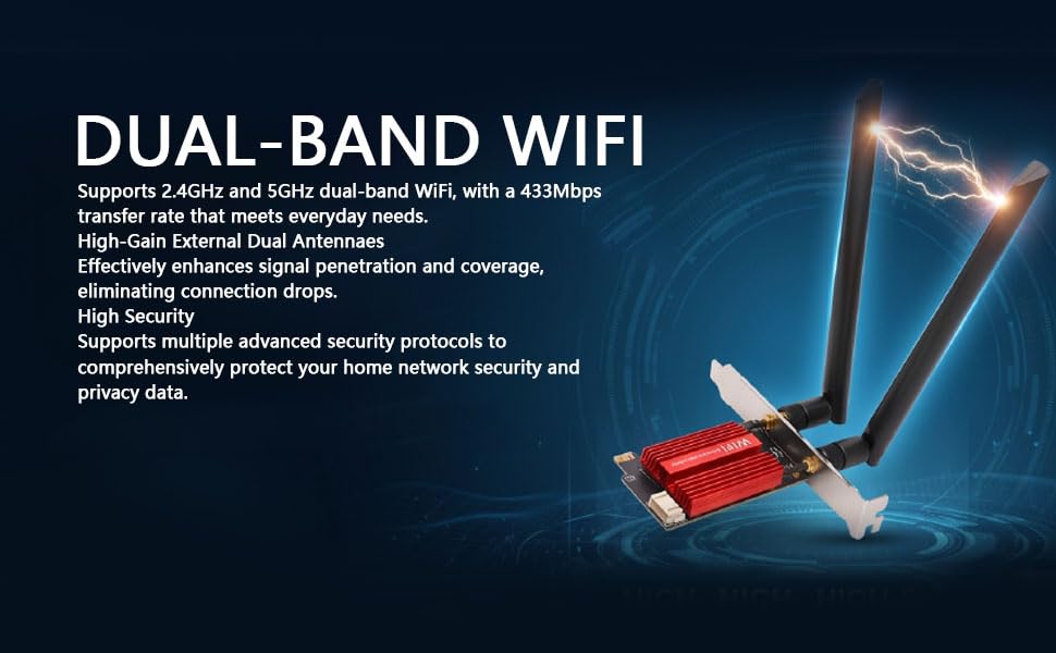 Tarjeta de red inalámbrica Zunate PCIe de doble banda 2.4GHz y 5GHz con Bluetooth 4.1, adaptador WiFi 433Mbps para PC de escritorio, antenas duales de 8dBi para PC Windows 7 8 10 11 miniatura 5