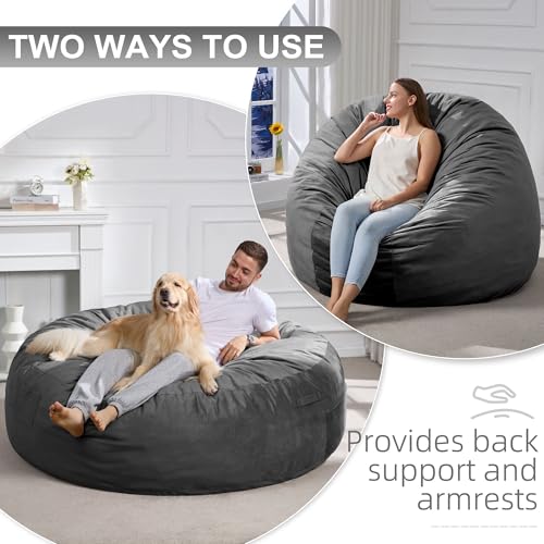 Image of Hobestluk Giant Bean Bag Chairs 6FT Oversized BeanBag Chair for Adult Jumbo | Memory Foam,Washable Cover,Storage Pocket,Handle,Lightweight Round Dorm Chair Adult Bean Bag Bed Study Room Gaming | Grey 6FT