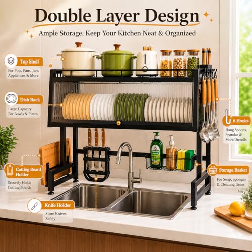 Image of COMFYHOME Over the Sink Dish Drying Rack for Kitchen More Sturdy Stable with Lid 85cm, Rust-Proof Durable, Features Knife Rack, Cutting Board Holder, Storage Basket Ideal for Dish Drainer Large Size