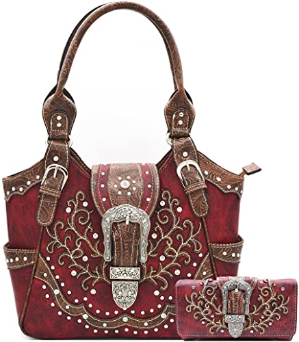 Western Style Tooled Leather Buckle Concealed Carry Purse Country Handbag Women Shoulder Bag Wallet Set