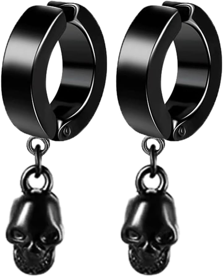 Unisex Gothic Kpop Emo Black Stainless Steel Feather Circle Ring Spike Tassel Chain Dangle Drop Earrings Piercing Jewelry Huggie Hoop Earring Gift for Men Women Teens