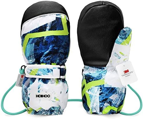 HOIHOO Kids Ski Mittens, Waterproof Snow Thinsulate Mittens Toddler Warm Winter Ski Snow Gloves with String for Boys Girls
