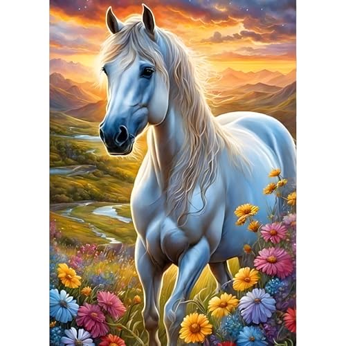 QINRUBB DIY 5D Cheval Blanc Peinture Diamant Painting Kit, 5D Sunset Art du Diamant Complet Kits, Fleurs Sauvages Diamond Art Kits Point de Croix Painting pour Adultes...