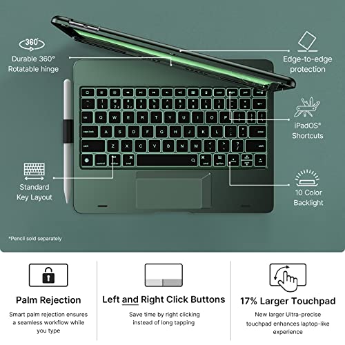 Image of typecase Touch iPad 9th Generation Case with Keyboard (10.2 inch, 2021), Multi-Touch Trackpad, 10 Color Backlight, 360 Rotatable, Thin & Light for iPad 8th Gen, 7th Gen, Air 3, Pro 10.5 (Midnight Green)