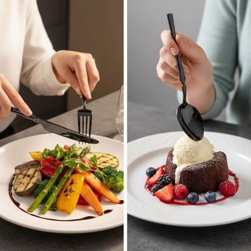 Image of 5 Pcs Black Cutlery Set for Dining Table the Perfect Lightweight Silim Handle Tableware Including Dinner Spoon, Dinner Fork, Dinner Knife, Dessert Spoon & Dessert Fork