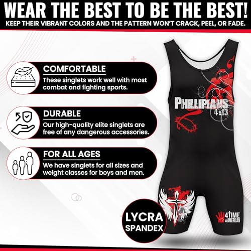 4 Time All American Sublimated Wrestling Singlet – Stitched & Durable Mens Singlet – Singlet for Wrestling, MMA & Powerlifting– Wrestling Singlet Youth Boys (Phil 4:13 Red, XXXS/YM 41-50 lbs.)