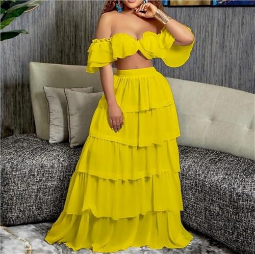 Women’s Summer Two Piece Dress Short Sleeve Top Long Skirt Casual Party Evening White Yellow(Yellow,M)4