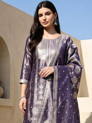 Image of INDO ERA Women's Purple Silk Blend Woven Design Straight Kurta and Pant with Dupatta Set (IESTR5599)