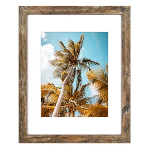 Image of Frametory, 11x14 Picture Frame With Mat for 8x10 Picture - High Definition Glass Wide Molding - Preinstalled Wall Mounting Hardware (Rustic Brown, 1 Pack)