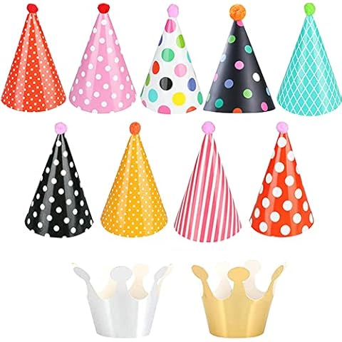 Shinelee 11 PCs Party Hats Birthday Crown Cone Hats DIY Party Favours Hat with Pom Poms Paper Mini Birthday Hats for Kids Adults Cover