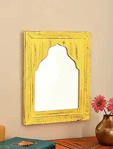 J.L.HOME DECOR Handmade Decorative Wall Decor Mirror Frame | Carved in Solid Hard Wood | Vintage Mirror Frame for Home Decor | 40x32cm Yellow, Rectangular, Framed