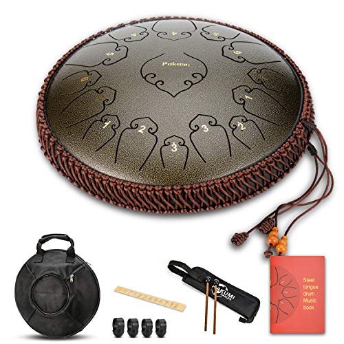 14 Inch 15 Note Steel Tongue Drum Percussion Instrument Lotus Hand Pan Drum with Ultra Wide Range and Drum Mallets Carry Bag