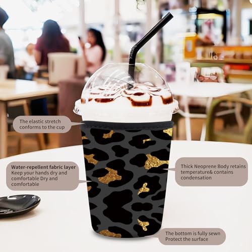 Image of 3 Pack Reusable Neoprene Insulator Sleeve for Iced Coffee Cups, Funny Coffee Cup Sleeves for 16-32oz Coffee cups, Cute Drink Sleeve for Cold Hot Beverages Cute Black Leopard