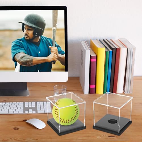 Image of Hooqict 2 Pack Arcylic Softball Display Case Clear Softball Holder UV Protected Stand Championship Display Case Memorabilia Square Box for Golf Tennis Game Ball Baseball