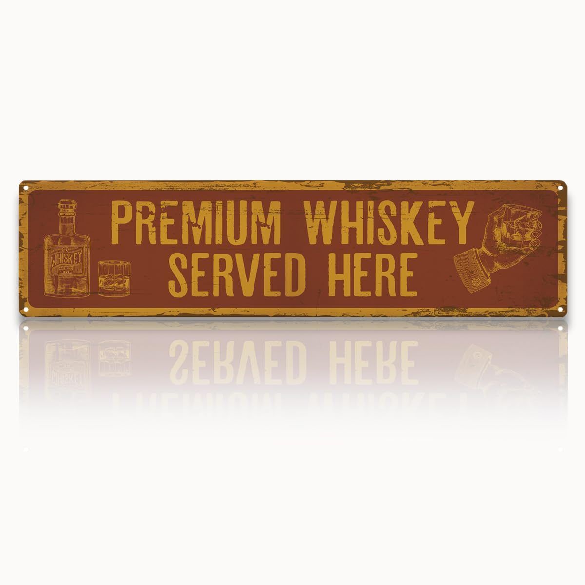 Rustic Bar Decor Metal Sign “Premium Whiskey Served Here” Vintage Tin for Wet Lounge Basement or Entryway Durable Indoor Outdoor Plaque Easy to Hang 4x16 Inch