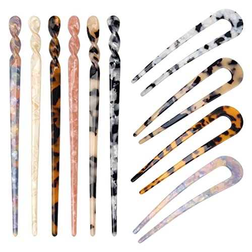 6+4P Acetate Hair Sticks Set, Coldairsoap 2 Styles Tortoise Shell Hair Pins U-Shaped Straight...