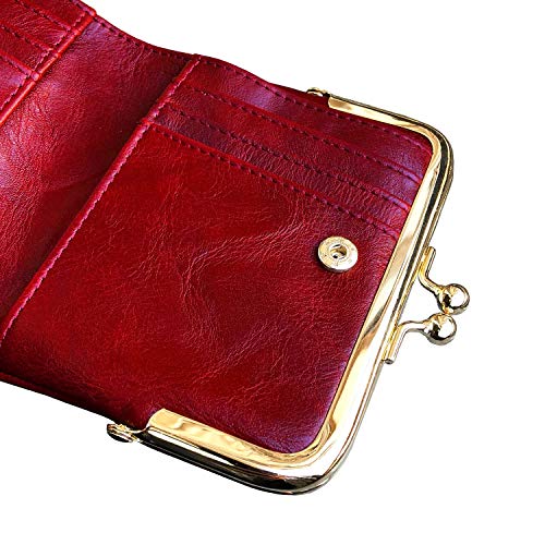 Image of AOXONEL Womens Wallet Small Rfid Ladies Compact Bifold Leather Vintage Coin Purse With Zipper and Kiss Lock (Red)