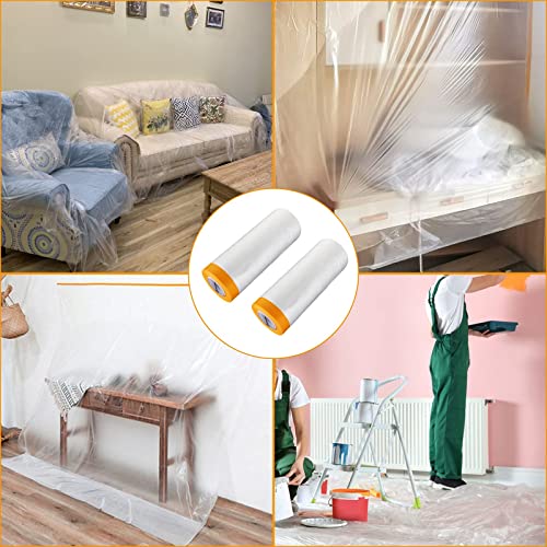 Pre-Taped Masking Film 5Ft X 200Ft Painters Plastic Sheeting Roll, Clear Plastic Sheeting Plastic Drop Cloths For Painting, Automotive Appliance Plastic Sheeting Cover (4 Roll, 50Ft Per Roll) #TOP6