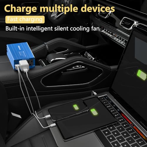 300W Power Inverter 12V DC to 110V AC Car Plug Adapter Outlet Converter with 4.2A Dual USB AC car Charger for Laptop Computer,Road Trip Essentials Camping Accessories (Blue)