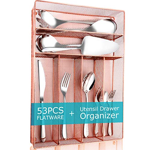 Elegant Life Silverware Set 53-Piece with Organizer Tray for 8, Including 40-piece Cutlery Set, 5-piece Serving Set, 8-piece Meat Forks Stainless Steel Cutlery Set, Mirror Polished (Pink)