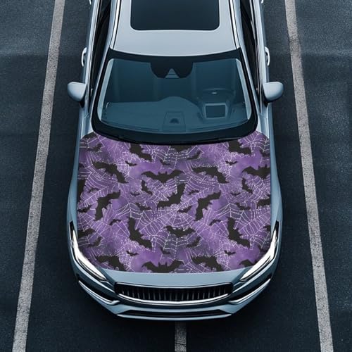 Image of Car Hood Cover Protector Bat Spider Web Print Waterproof Car Hood Wrap Blanket Auto Flag Automotive Halloween Exterior Accessories for Sedans SUVs Pickups Trucks Jeeps