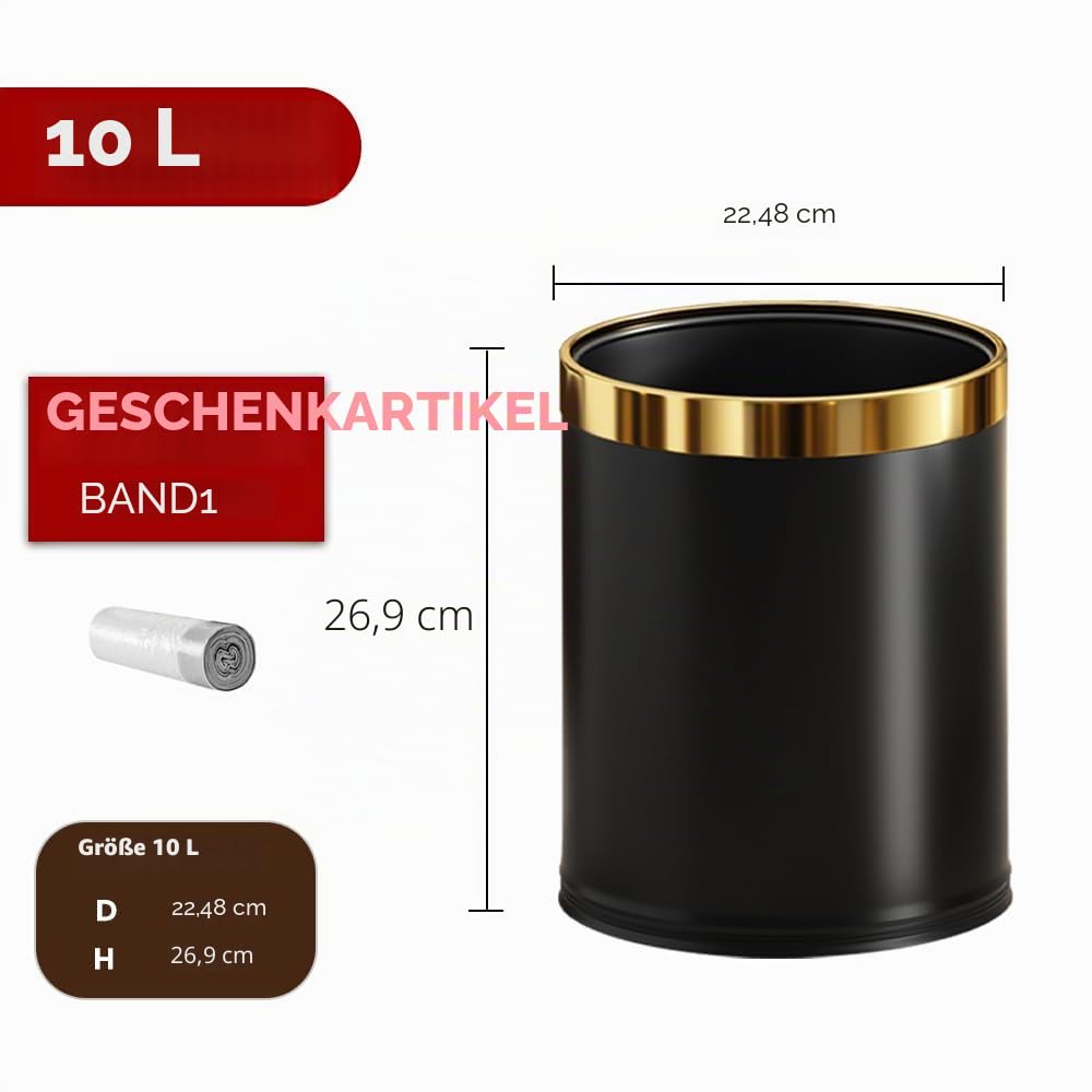 10L/2.6 Gallon Edelstahl Mülleimer, Büro Abfallpapierkorb, obere Öffnung Mülleimer passend für Bad, Hotel, Büro, Schlafzimmer, Wohnzimmer (schwarz)