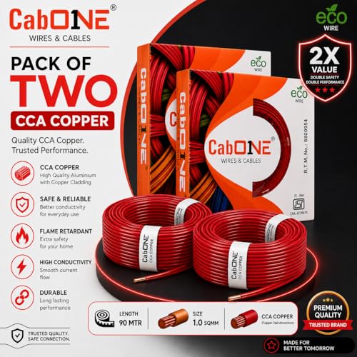Image of CabONE 1.0 SQ.MM FR PVC Insulated Copper Electrical Wire, 90 Meter (Red, Pack of 2) | ISI Marked Fire Retardant Single Core Cable for Home Wiring