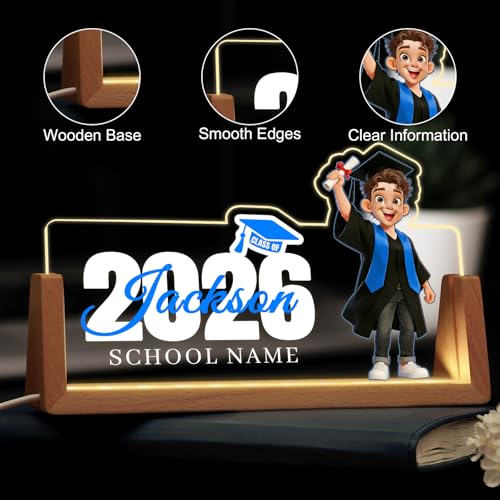 Image of Custom Name Plate for Desk, Personalized Light Up Acrylic Desk Name Plate, Personalized Graduation Gifts 2026 for Him Her, Class of 2026 Graduate Gift, High School College Grad Gift (Design17-Graduation Boy)