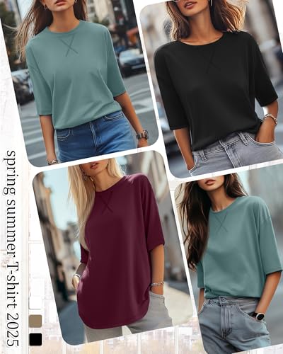 Riyiper 3 Pack Elbow Length Tee Shirts for Women Cotton 3/4 Sleeve Tunic Tops Round Neck Fall Curved Hem Leggings Blouse2