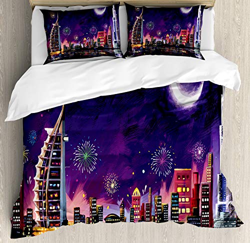 Ambesonne Dubai Skyline Firework Duvet Set, King, Purple