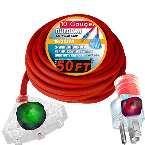 Best Seller 50 ft 10 Gauge Power Extension Cord SJTW 3 Conductor Triple Tap Extension Cord with Lighted Ends 50 Foot Lighted Outdoor Extension Cord with 3 Electrical Power Outlets (50 ft, red)